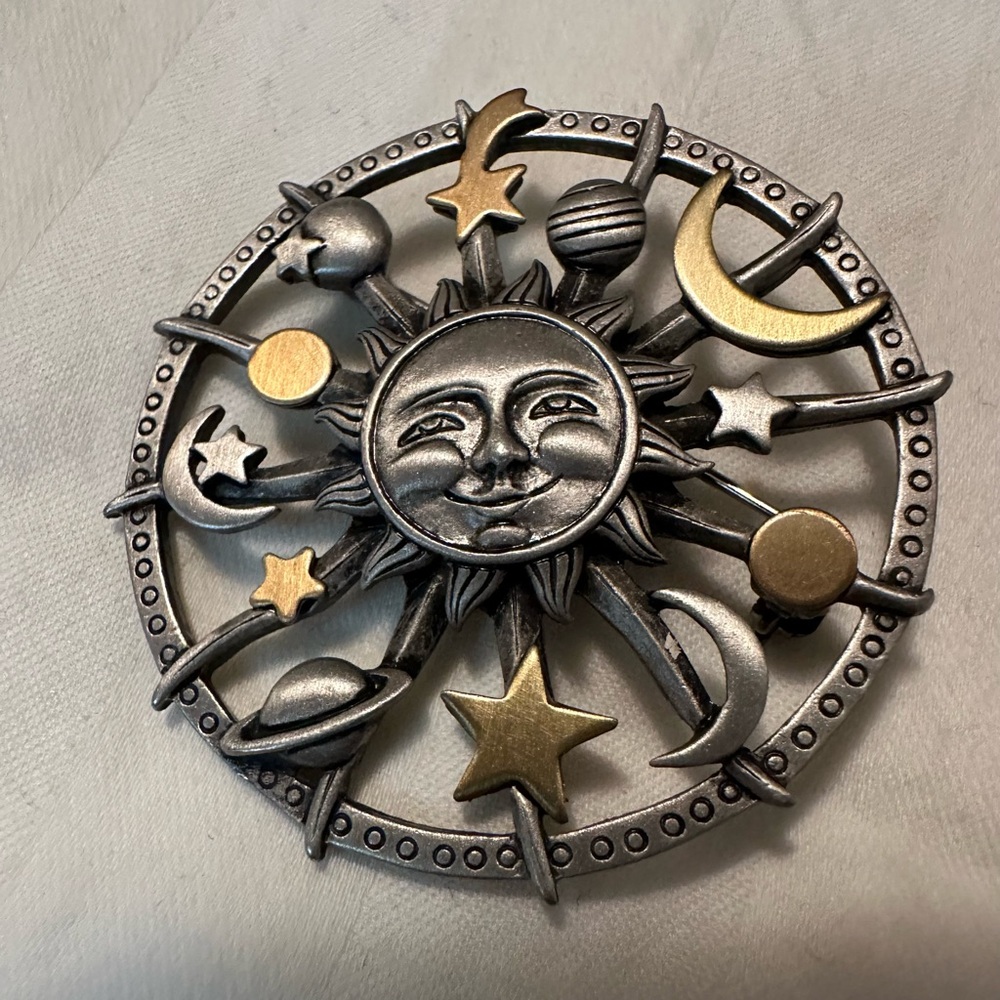 Signed JJ (Jonette Jewelry) Pewter Celestial Brooch